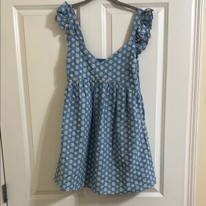 LaLavon Blue and White Ruffled Scoop Neck Sundress‎
